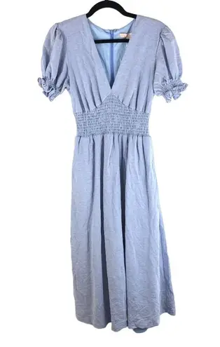 Hutch Womens Midi Dress Smocked Waist Puff Short Sleeve V-Neck Zip Back Blue S