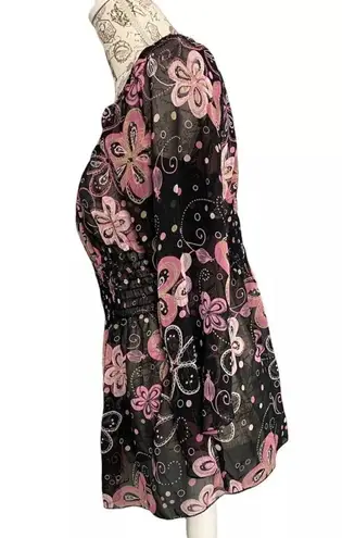 Jordache Vintage 90s Y2K Babydoll Top Flare Sleeve Pink Floral Fairy Boho Hippie Large