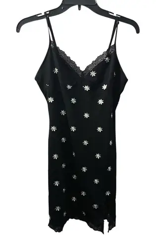 Black Lace Trim Spaghetti Straps W/Vintage Daisies Floral Accents S