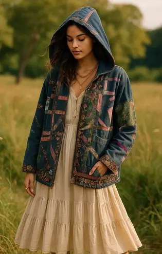 Vintage Handmade Patchwork Denim Hoodie Jacket Boho Folk Art Heavy Duty L