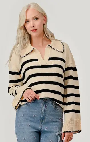 Unbranded Women’s Collared Polo Sweater Cream & Navy Stripe 2XL Nautical Boho Blue Size 2X
