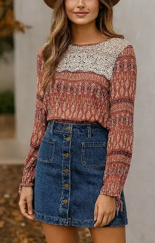 Hem & Thread Crochet Lace Red 100% Rayon Long Sleeve Top sz L Boho Cottagecore - Image 1