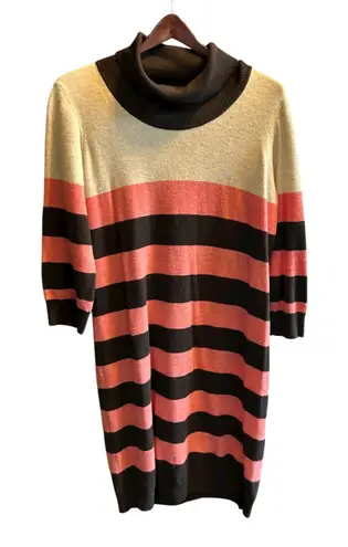 Escada Sport Women XL Striped Turtleneck Sweater Dress Coral Black Beige wool Pink