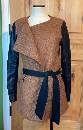 Lucy Paris ANTHRO Fuzzy Brown Faux Leather Belted Jacket $248 EUC L