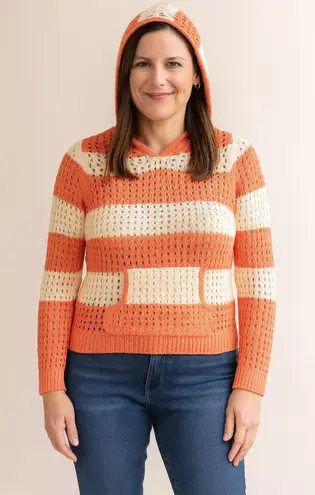 Excellent Pinc Premium Women Coral Cream Striped Knit Hoodie Sweater Size Large Orange