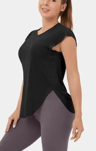 Halara NEW  Round Neck Curved Hem Black Yoga Sports Top Sz Medium