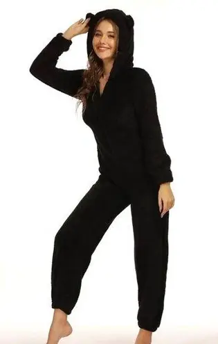 Zip Up Hooded Teddy Jumpsuit with Ears Black