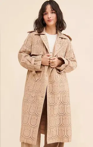 Farm Rio Pineapple Eyelet Trench Coat Womens XS Tan Khaki Cotton Button Front