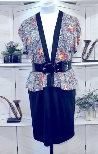 Vintage 80s 90s Floral Paisley Black Pencil Midi Dress Size 12 Petite