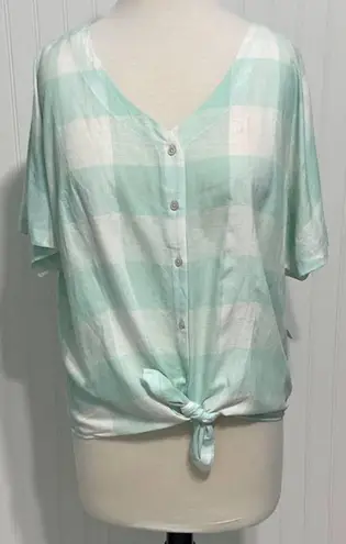 Style & Co . Gingham Tie Front Short Sleeve Button Up Linen Top Mint White Medium