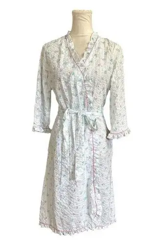 Vintage Miss Elaine Seersucker Robe Blue & Pink Floral Ruffles Wrap Style Sz M Size M