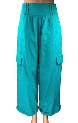 Nativozza La Rouge Blue Linen High Waisted Baggy Loose Trouser Cargo Pants 38