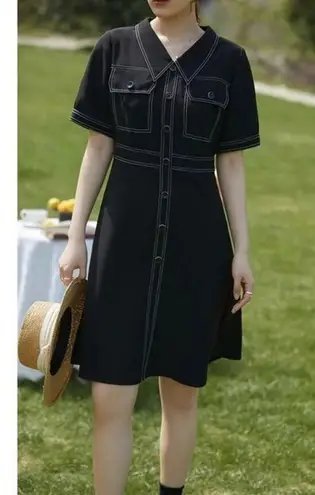 DUSHU Retro Contrast Color Women Dress Line Shirt Collar Waist Slim Casual Dress Black Size L