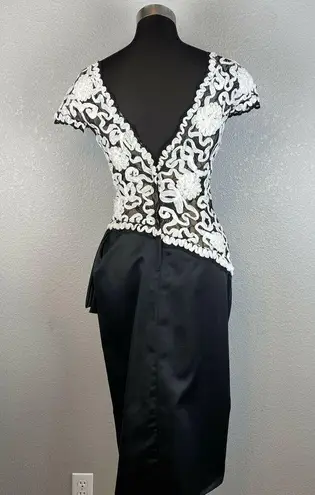 Vintage Victor Costa Tulip Column Midi Dress Size 6 Black White Ribbon Floral