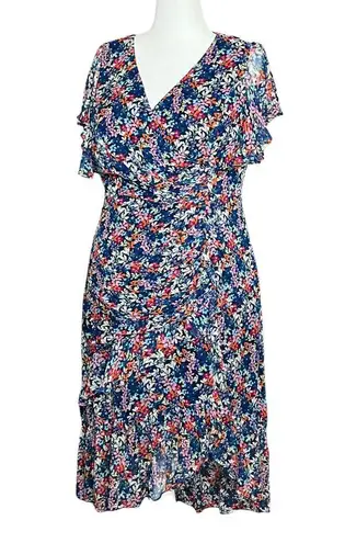 Shoshanna 100% Silk Blue Colorful Floral Asymmetrical Fairy Midi Dress Large 12