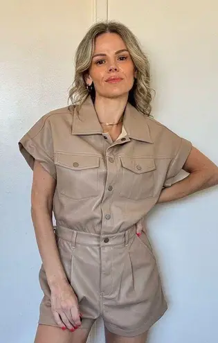Vintage Havana Faux Leather Utility Romper in Tan