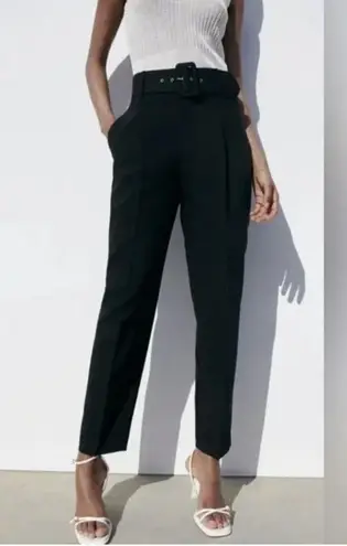 ZARA  Pants Womens Small Black High Rise Belted Tapered Trouser Ankle