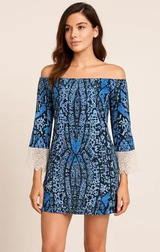 West Loop CCC Blue Black Print Off Shoulder Tunic Dress Lace Bell Sleeves Boho Style XLarg