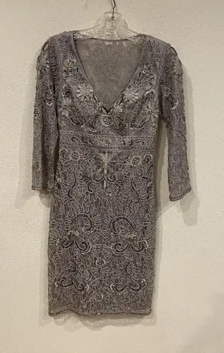 Sue Wong Nocturne Dress Womens 2 Gray Beaded Lace Cocktail Party Sheath Knee