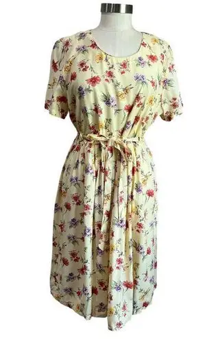 Karin Stevens Vintage Butter Yellow Floral Waist Tie A Line Dress Size 12