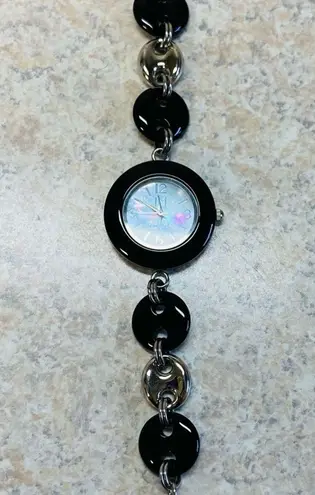 Victoria Wieck Beverly Hills Round Onyx Gemstone Link Watch Mother of Pearl Face Black