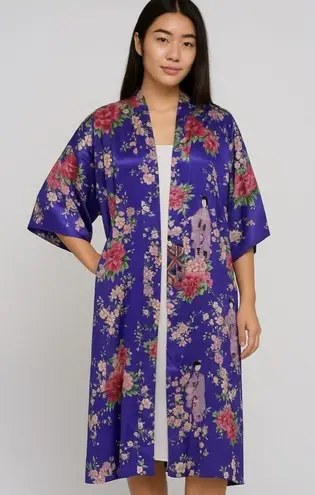 Vintage Jugemm Kimono Robe Woman Grecia Made Japan Purple Peacock Satin Oriental Size undefined