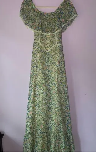 Camela of California S Maxi Dress 70s Ball Gown Blue Ditsy Floral Ruffle Boho