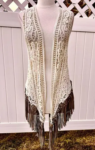 Origami Crochet & Lace Vest with Fringe, Boho Country Coachella, size S/M Tan