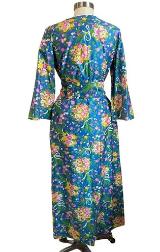 Vintage David Brown Floral Bouquet Cotton Zip Up Belted Caftan Dress Size Small Blue
