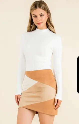 THML Suede Colorblock Mini Skirt in Tan/Cream