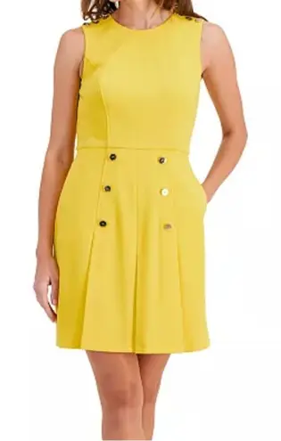 Tahari ASL Bright Yellow Button Accents Pleated Skirt Sleeveless Dress 14P