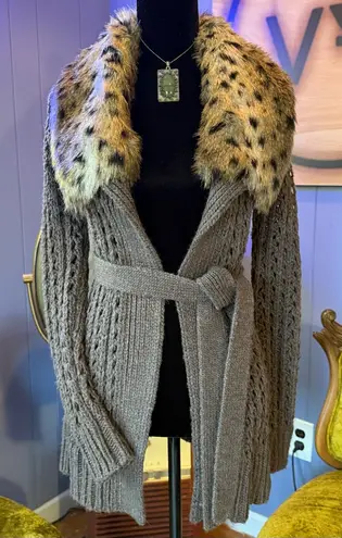 Vintage Express Faux Fur Trimmed Wool Blend Chunky Knit Cardigan Size XS Brown