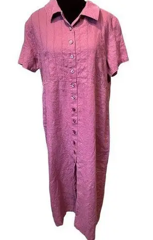 Tribeca Studios Purple Linen Button Up Short Sleeve Classic Boho Midi Dress Size 12P