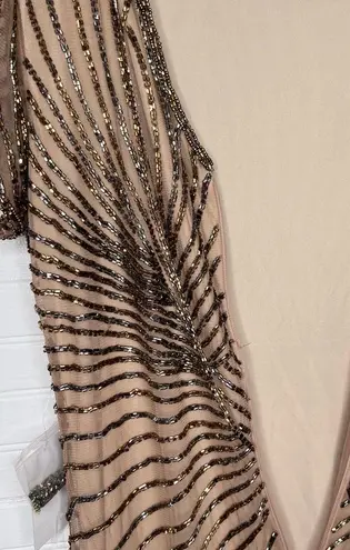 Pisarro Nights Women's Beaded Gown Beige Size 4 Formal Dress Short Sleeve Tan