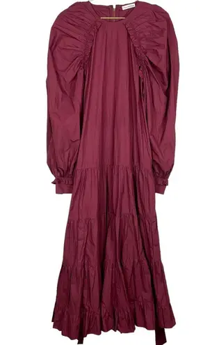 Ulla Johnson  Samar Burgundy Belted Tiered Ruched Cotton Poplin Midi Dress Size 8