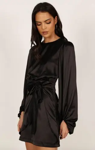 Petal and Pup  Opal Black Satin Long Balloon Sleeve Wrap Mini Dress 14