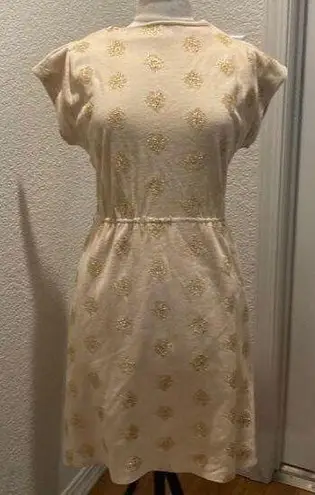 R & K Originals Vintage Short Cap Sleeve Midi Dress Tan & Gold Threaded Sz Small