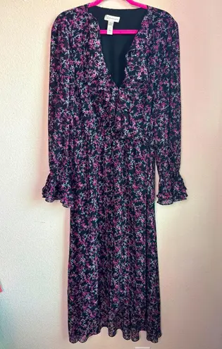 Neiman Marcus Black Pink Romantic Floral Ruffle Long Sleeve Midi Maxi Dress XL