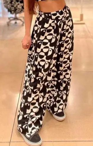 Farm Rio Geo Toucan High-Rise Wide Leg Utility Black & White Pocket Pants Sz S/M