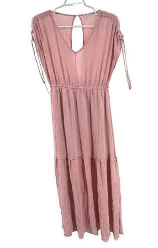 Main Strip Pink Maxi Dress M Swiss dot tiered keyhole back cottage prairie boho