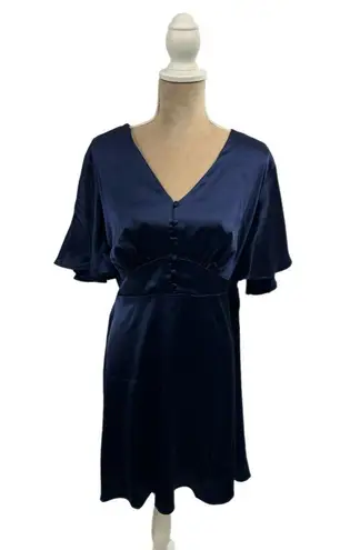 FLOUNCE LONDON Navy Satin Flutter Sleeve Mini Dress Womens Sz 16 Short Sleeve V Blue