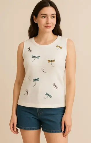 Carole Little Embroidered Dragonfly Knit Tank Top M | Cottagecore Coastal Vintag White Size M