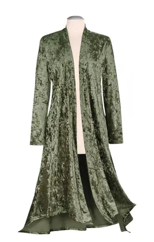 Pyramid Collection. Crushed velvet open front long duster. Olive Green. Large Green