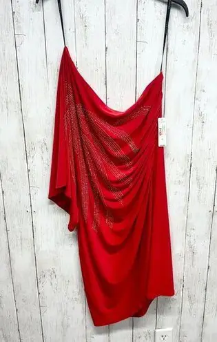Bisou Bisou Dress Women Size 16 One Shoulder Red Mini Sparkled Flared Sleeve NEW