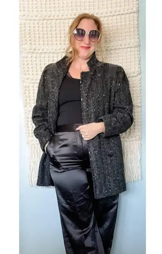 Vintage 80s marled wool double breasted pea coat leather shoulders size medium M Black