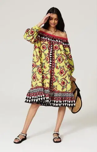 RTR La DoubleJ XS Paloma Yellow Multicolor Print Off Shoulder Shift Midi Dress
