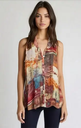 Minkas Mesh Sleeveless Tunic Top Women Large Artsy Boho Abstract Festival Retro Red