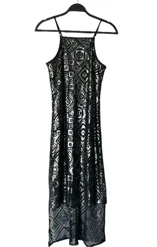 BCBGeneration  Silver Black Sequin Spaghetti Strap Hi Low Dress Size Small