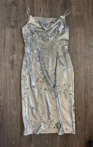 Keepsake The Label No Signs Silver Sequin Midi Dress NWT Size L