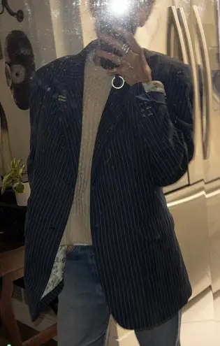 Navy Pinstripe Blazer with yellow linen blend size large Blue